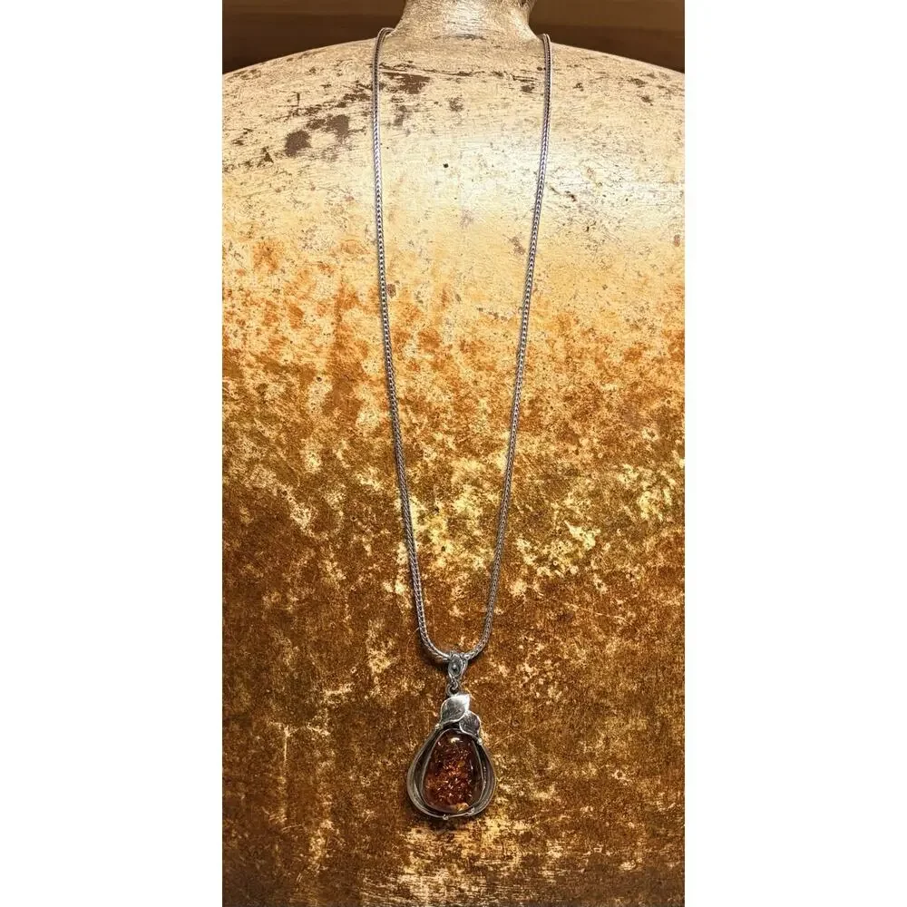 Sterling Silver & Baltic Amber Pendant w/ Calla Lily Designs 25 Inches Fox Tail